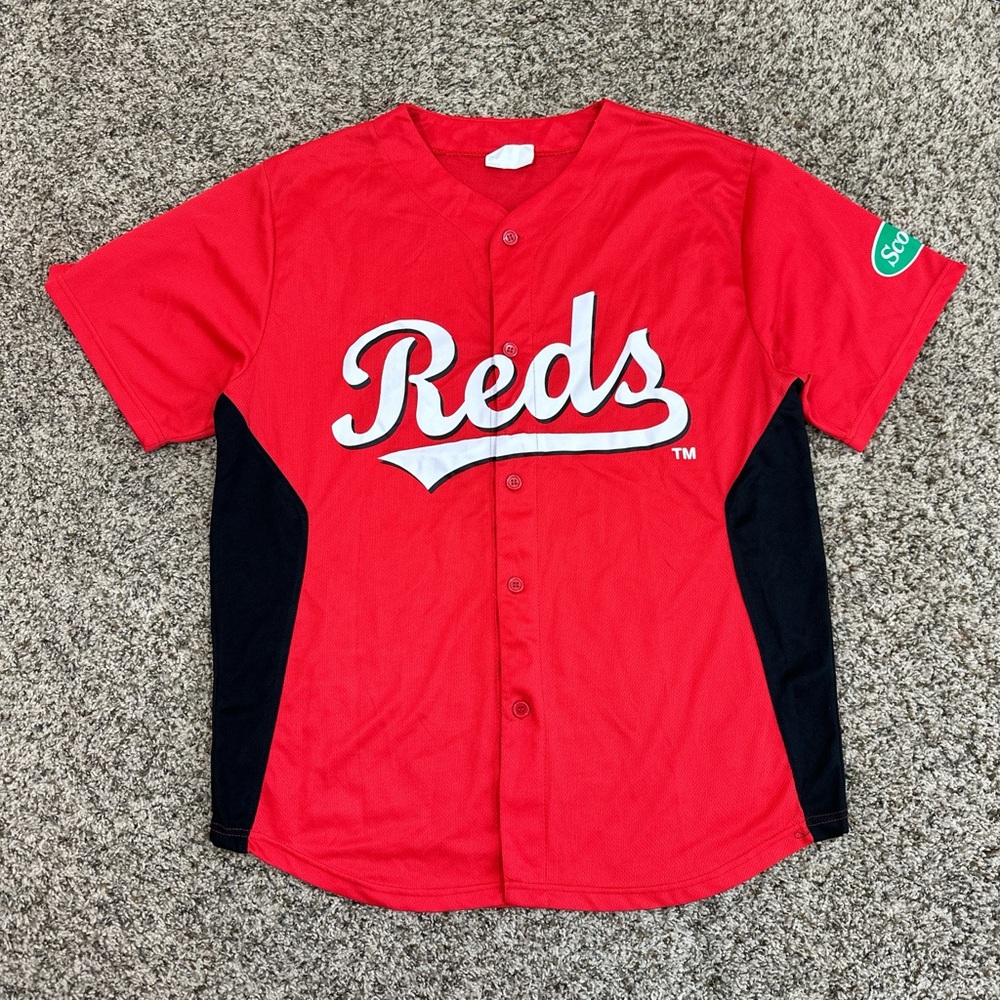 Reds #27 VTG red and black baseball jersey - button up vneck jersey - XL 31x23